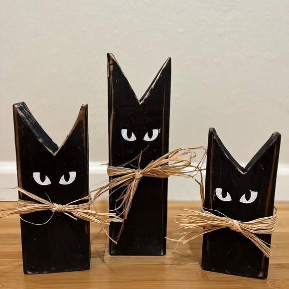Holiday | Handmade Wood Black Cats Halloween Handmade Painted Decor Set